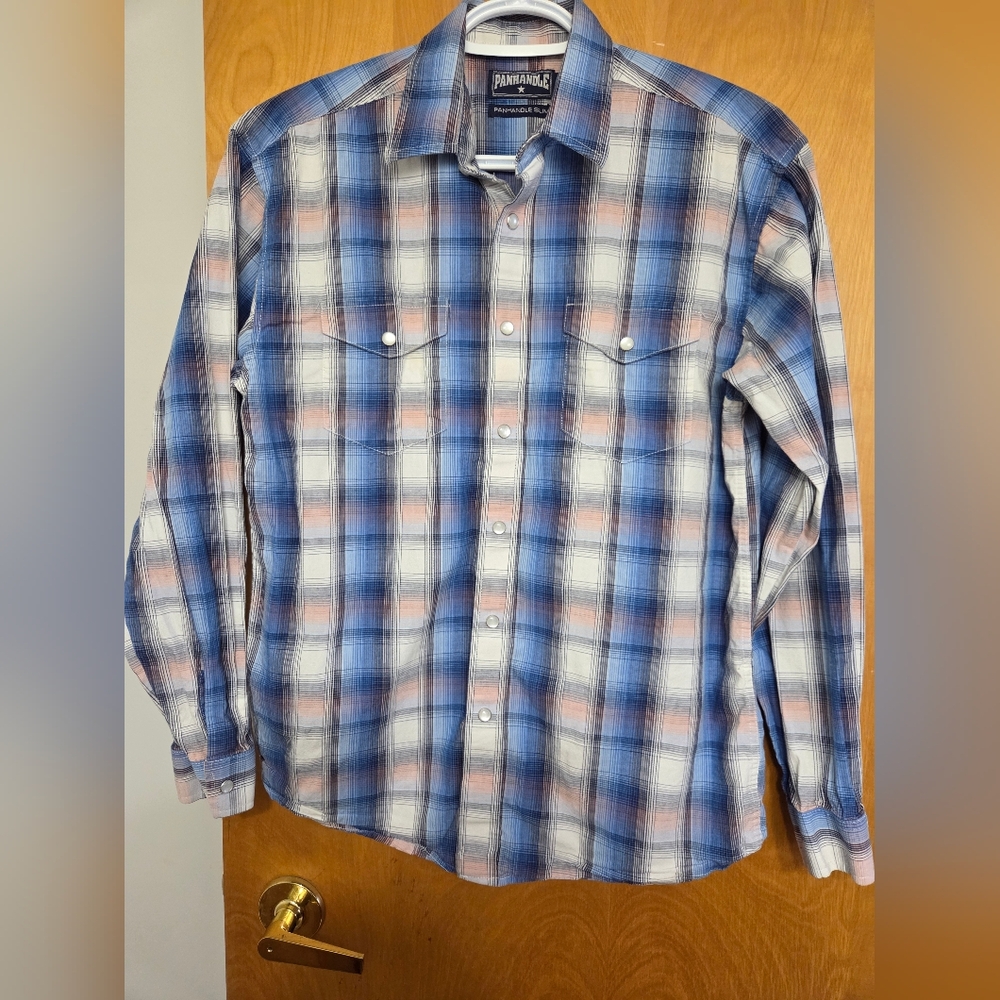 Panhandle Slim Blue, White, and Pink Plaid Shirt